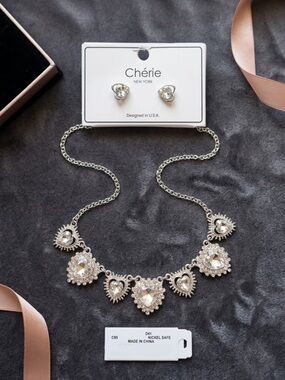 Chérie New York Silver Heart Crystal Statement Necklace with Stud Earrings